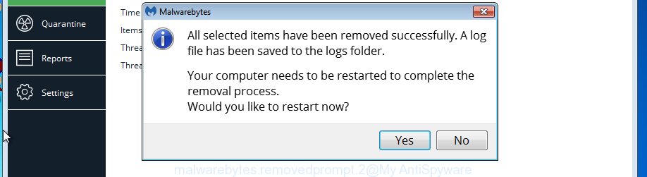 MalwareBytes Anti Malware for Microsoft Windows restart dialog box