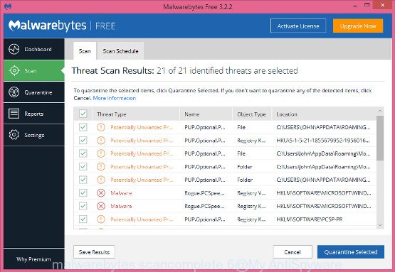 MalwareBytes for Windows, scan for adware software is done