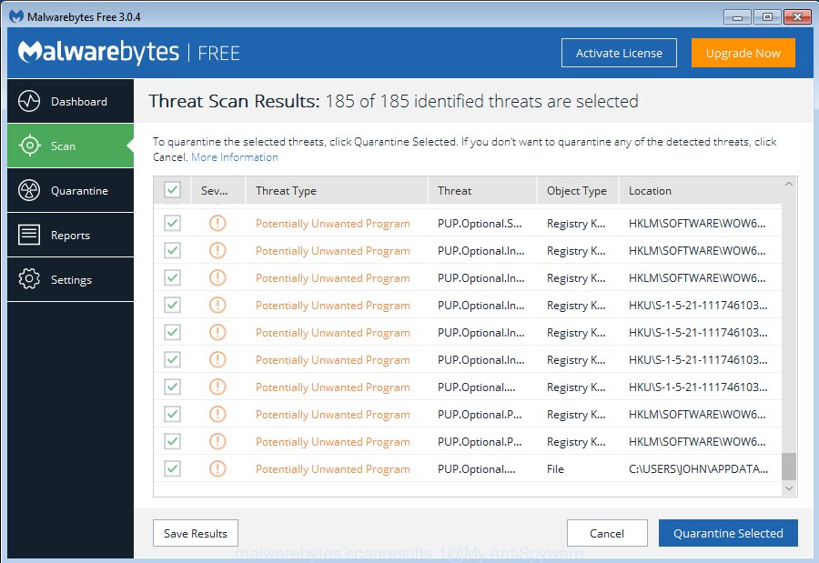 MalwareBytes for Microsoft Windows, scan for hijacker is finished